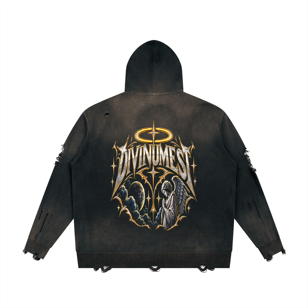 DIVINUMEST "WARRIOR" Distressed Full Zip Sweater