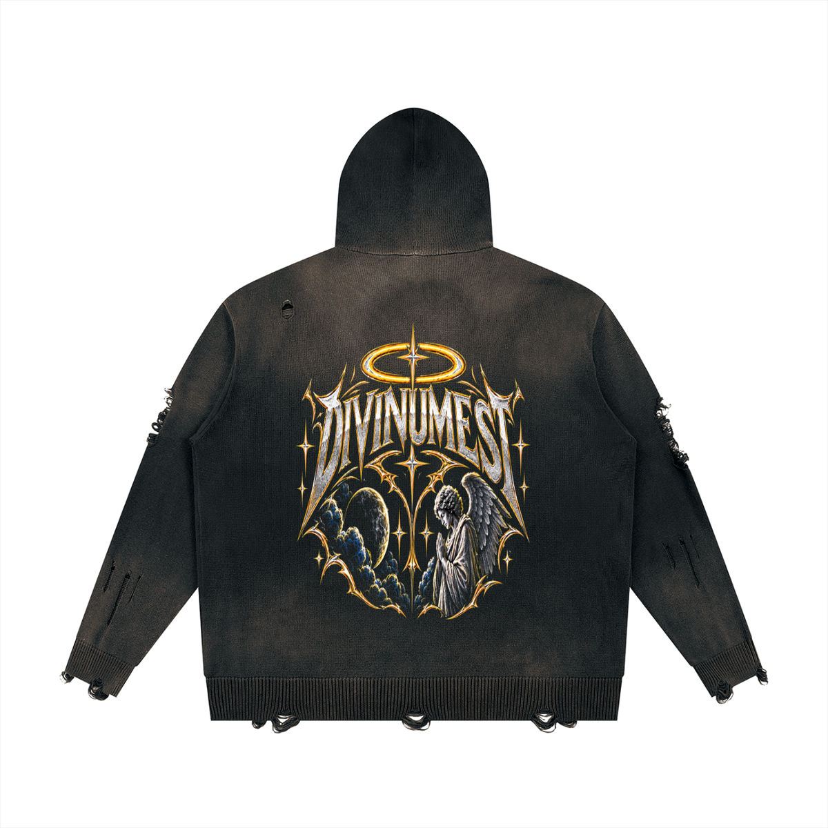 DIVINUMEST "WARRIOR" Distressed Full Zip Sweater
