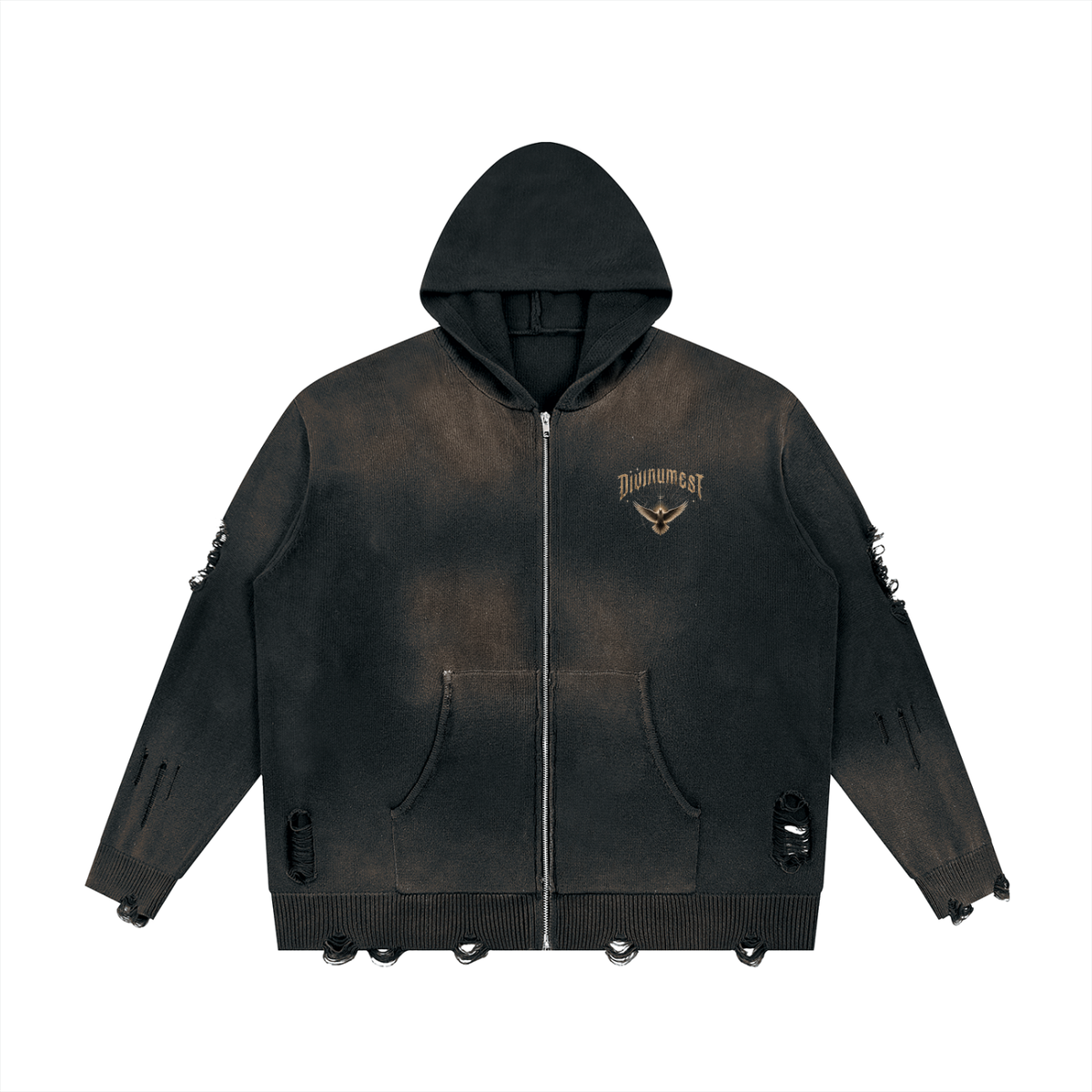 DIVINUMEST "WARRIOR" Distressed Full Zip Sweater